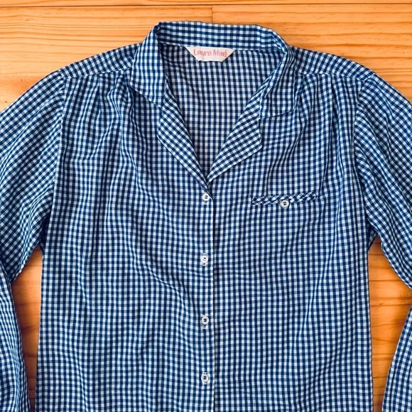 Blue Gingham Blouse Laura Mae Tab Sleeve Vintage - Picture 3 of 10